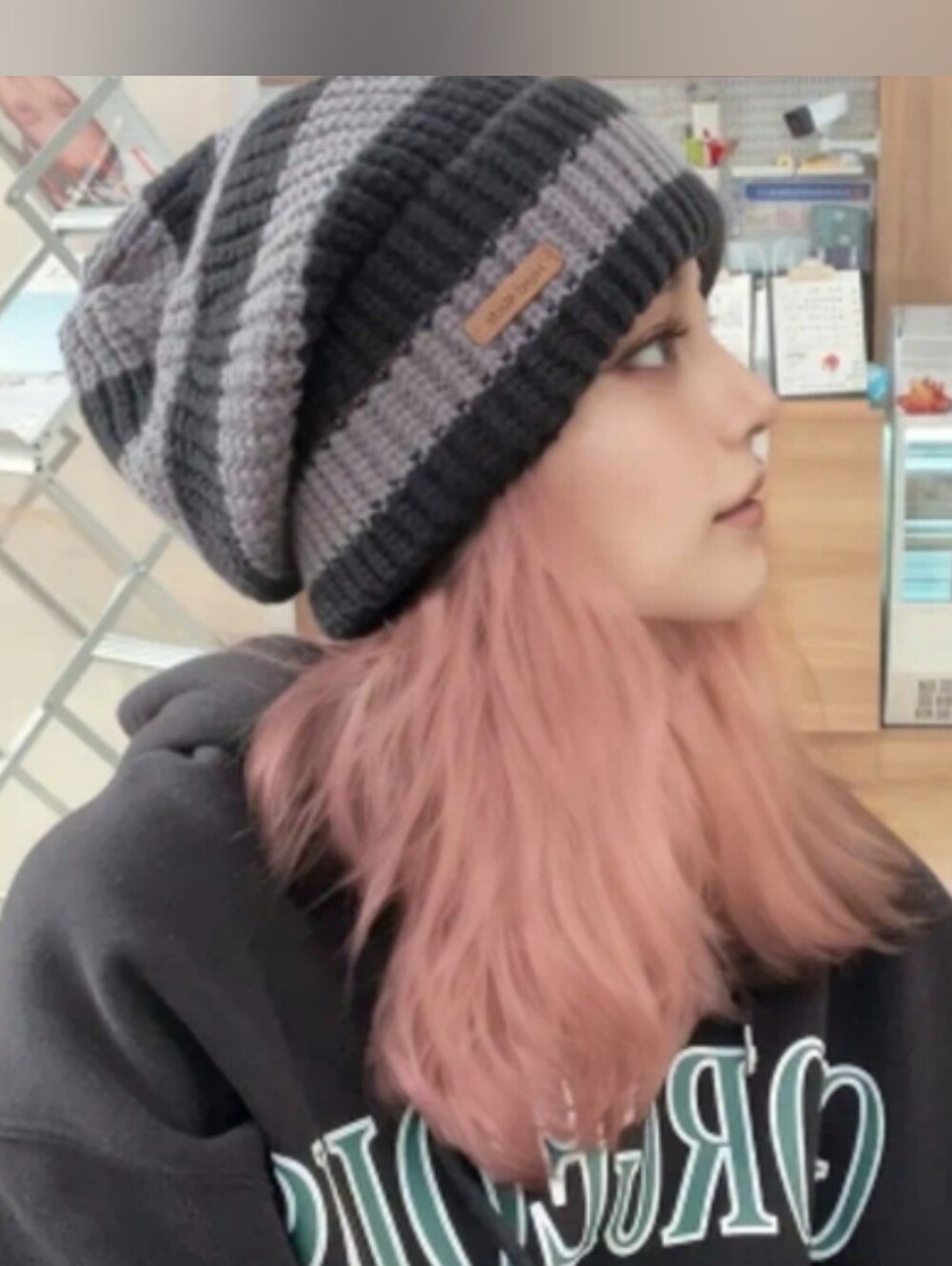 Striped Knit Beanie Hat - Gray